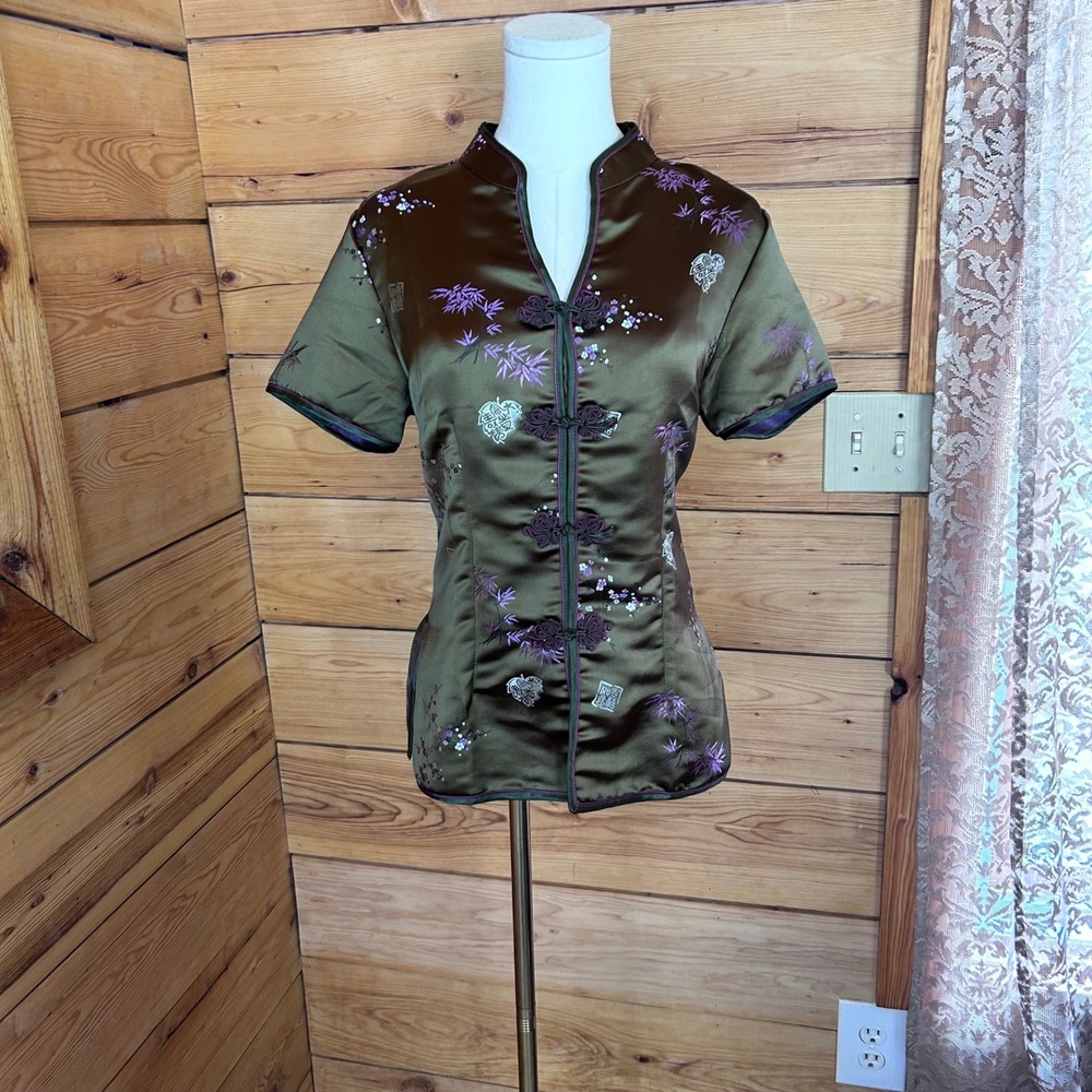 Vintage Mandarin Collar Top Womens Medium Olive Green Embroidered Shanghai SoHo